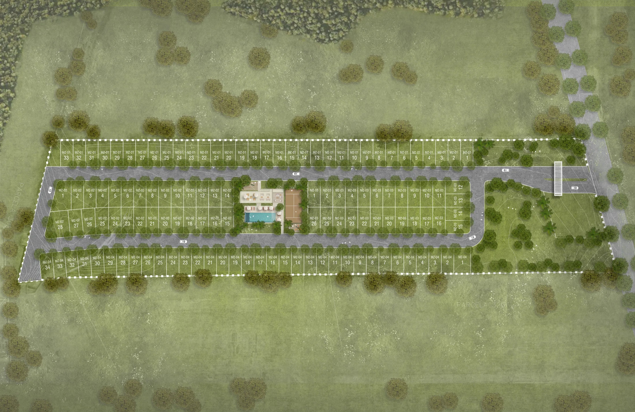 Plano maestro de Zendra Living: distribución de las casas, la casa club y las amenidades numeradas (alberca, casa club, BBQ, camastros, gimnasio, pádel, usos múltiples, área de mascotas) sobre Prol. Blvd. Federación.