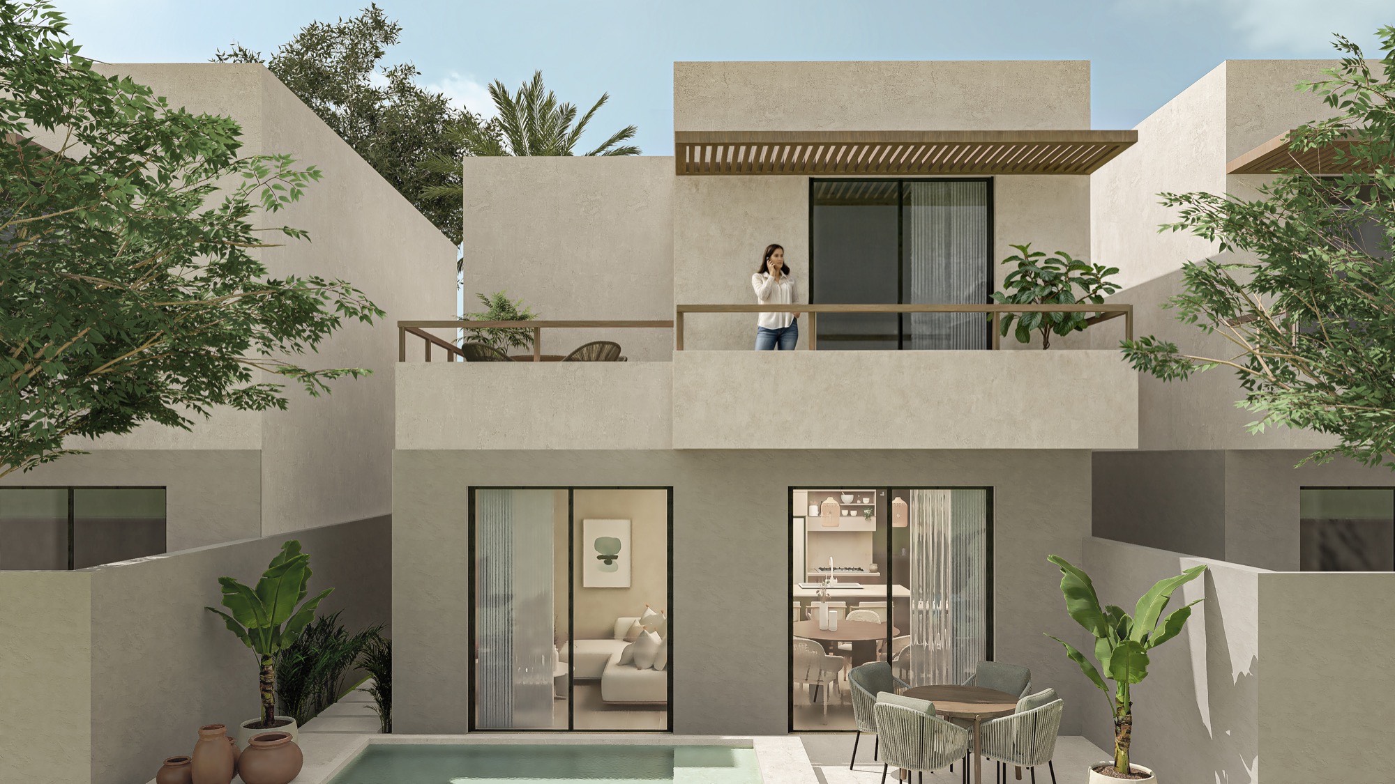 Fachada del Prototipo 2R de Zendra Living: casa de dos niveles con celosías y balcón, entre arbolado.
